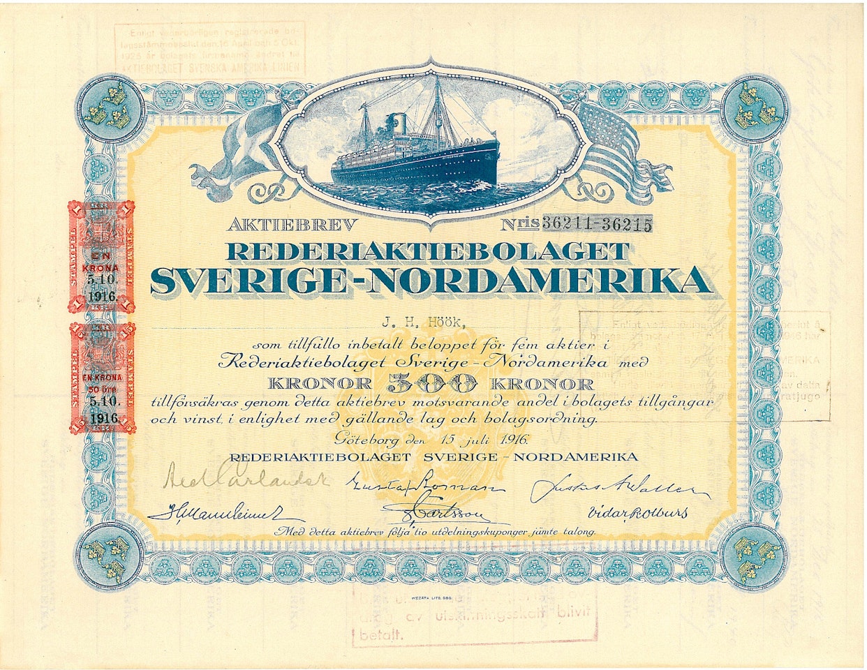 Rederi AB Sverige Nordamerika, 500 kr, 1916
