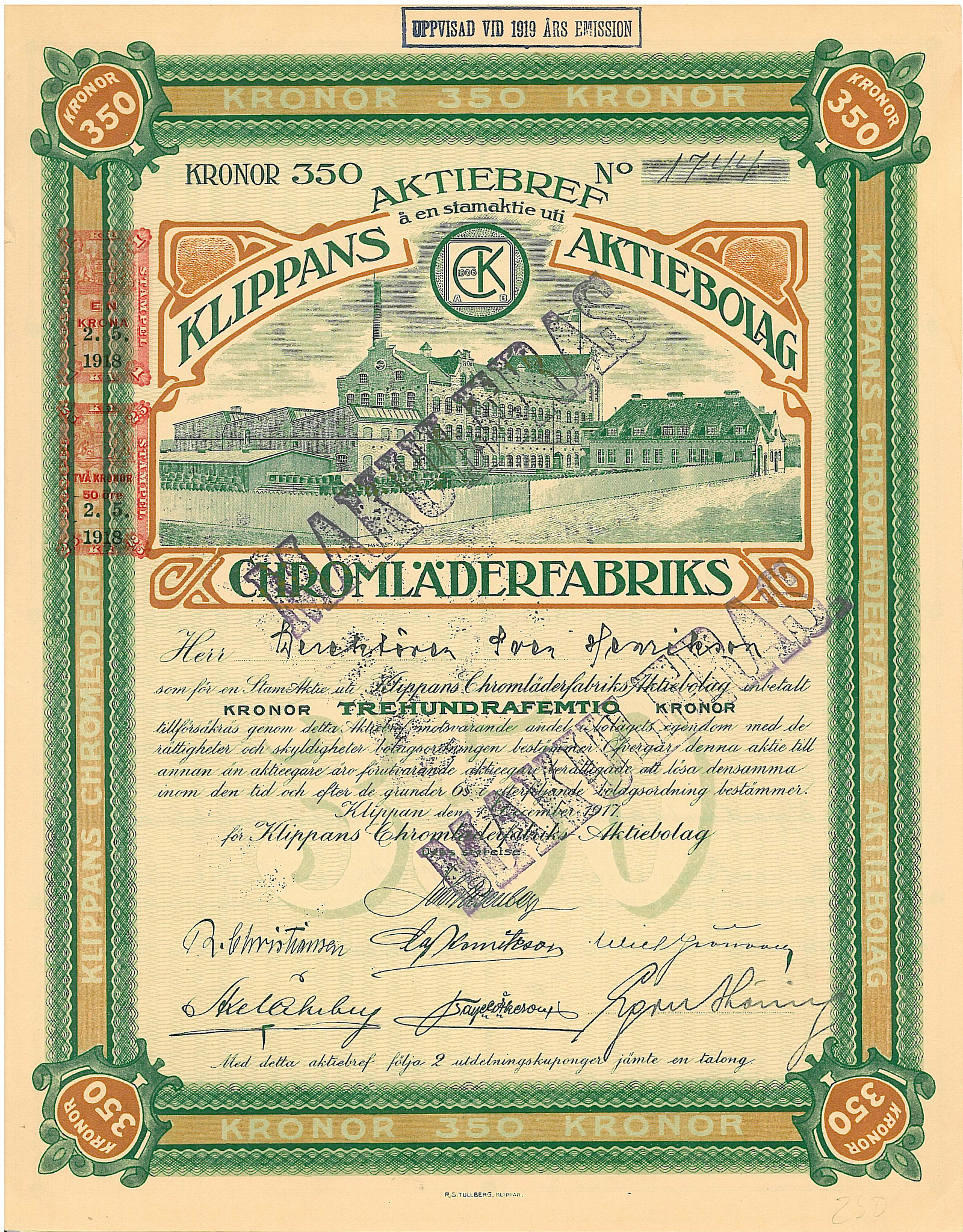 Klippans Chromläderfabriks AB, 1917