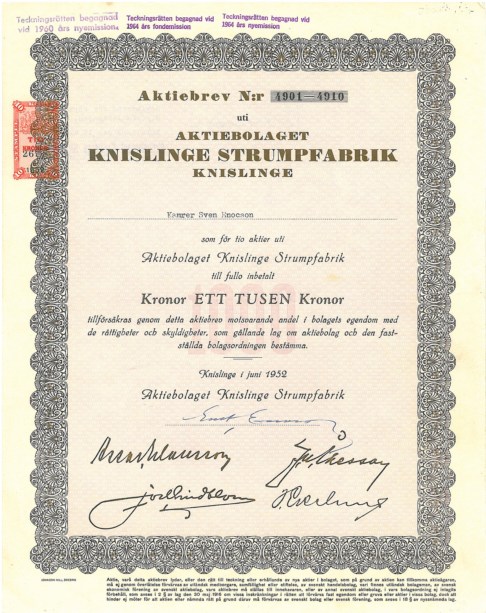 Knislinge Strumpfabrik, AB, 1952
