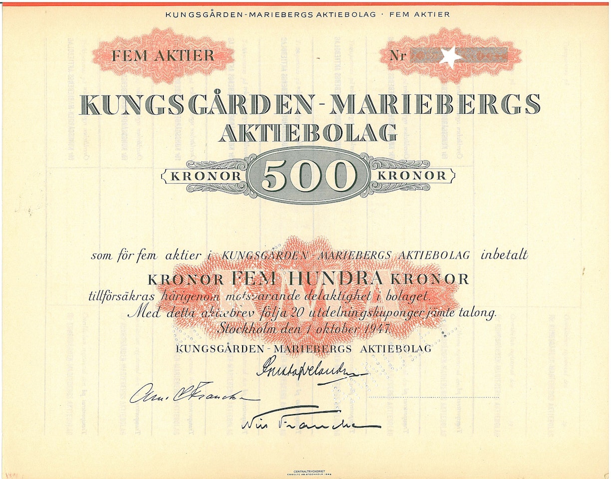 Kungsgården-Mariebergs AB, 500 kr