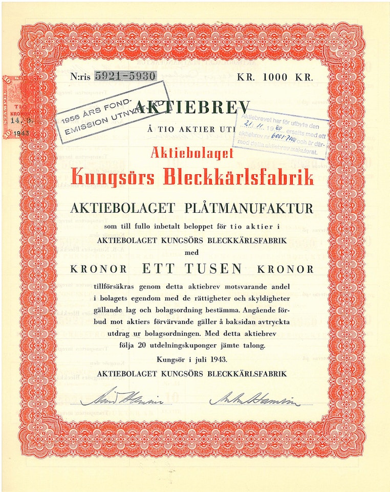 Kungsörs Bleckkärsfabrik, AB, 1943