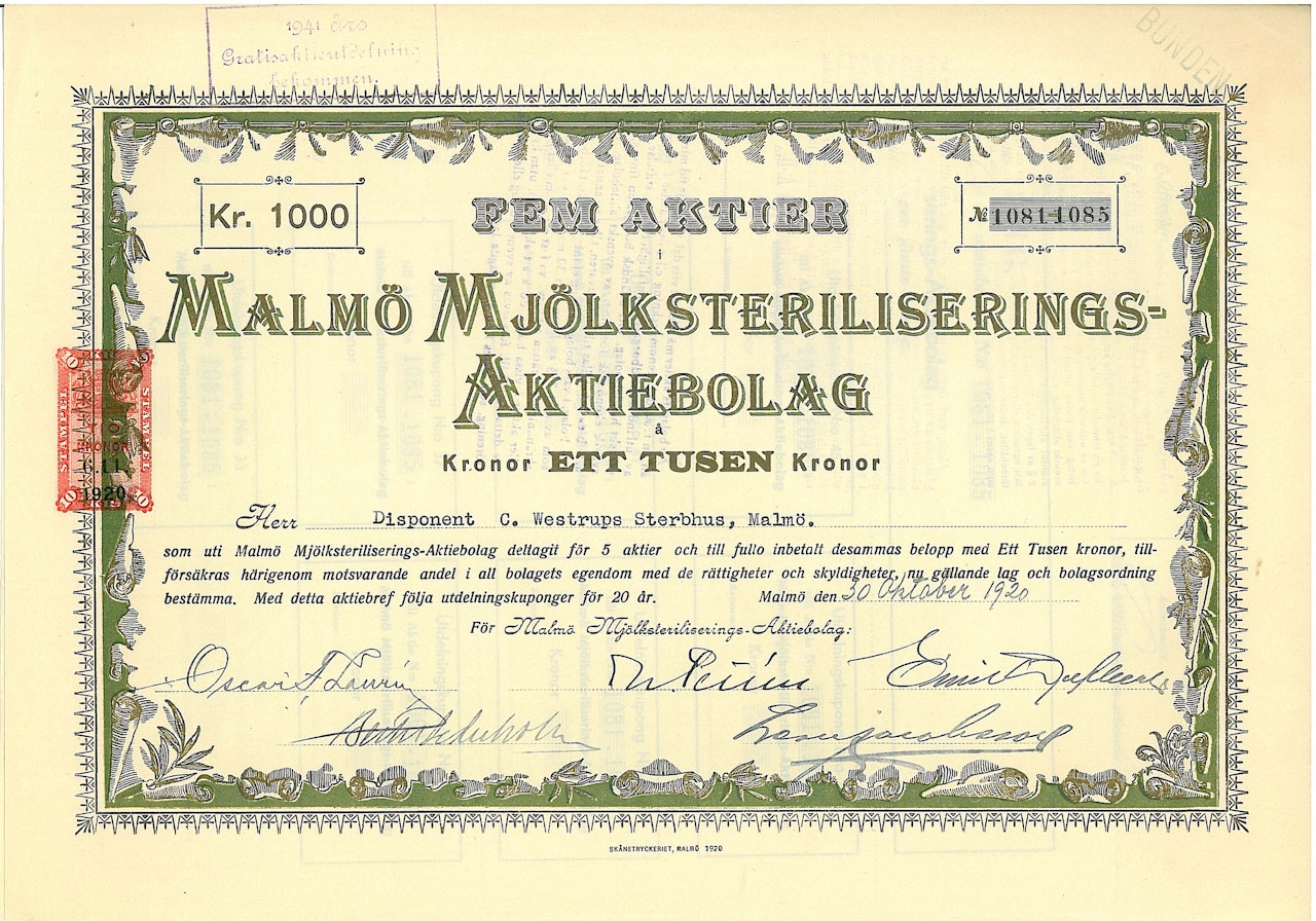 Malmö Mjölksteriliserings AB, 1920