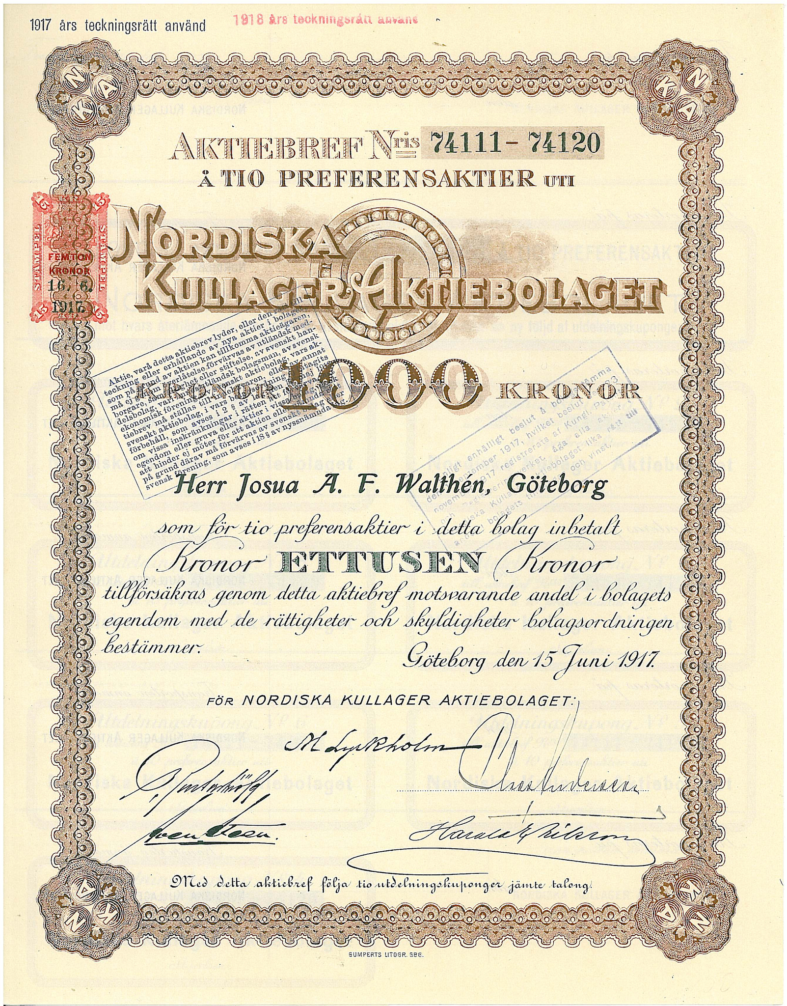 Nordiska Kullager, AB, 1917