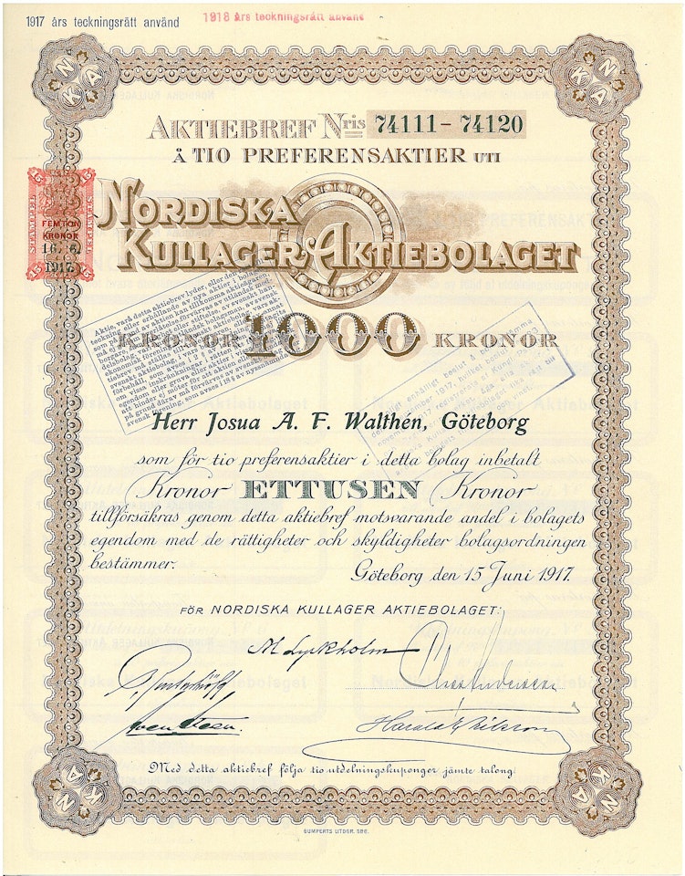 Nordiska Kullager, AB, 1917