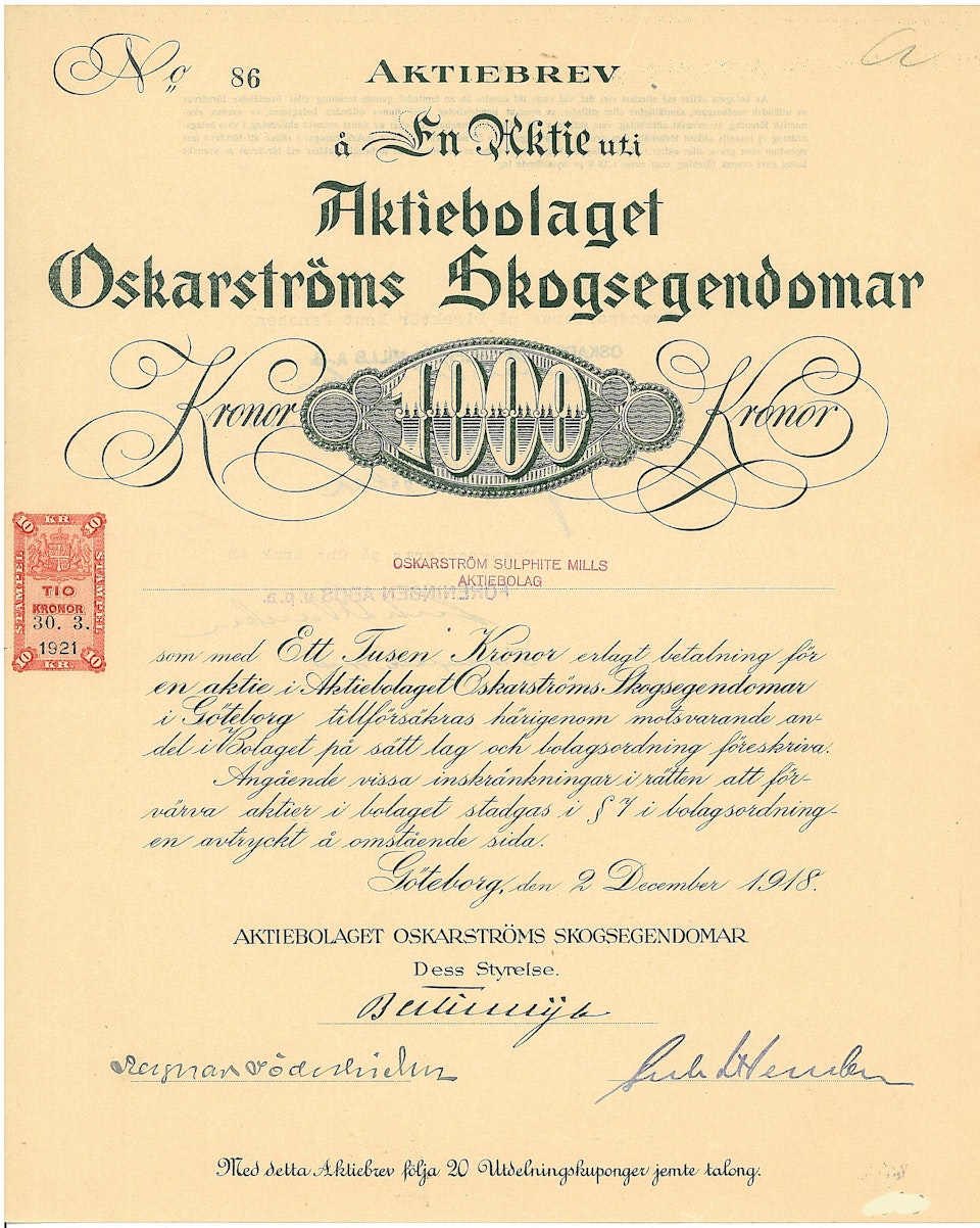 Oskarströms Skogsegendomar, AB, 1918