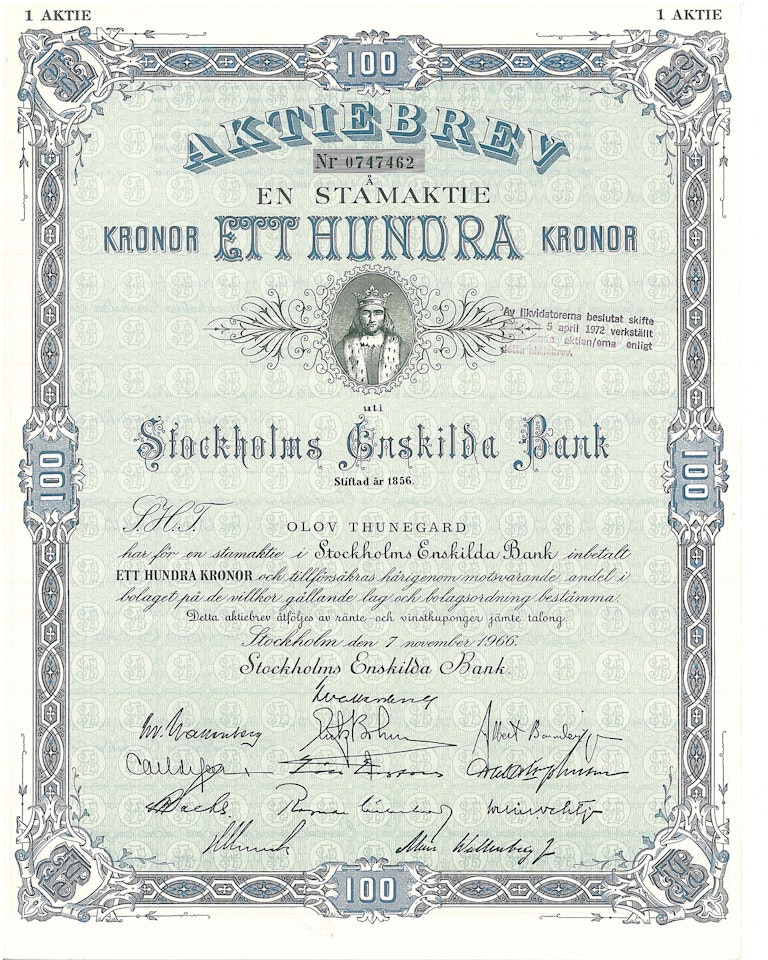 Stockholms Enskilda Bank, 100 kr, 1966