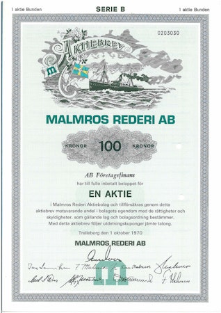 Malmros Rederi AB, 100 kr, 1970