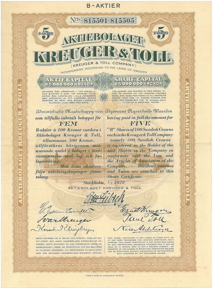 Kreuger & Toll, AB, 500 kr 1928