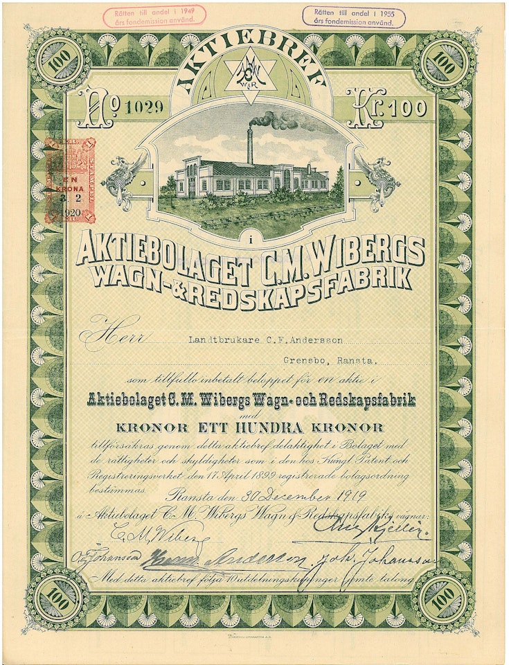 C. M. Wibergs Wagn-& Redskapsfabrik, AB, 1919