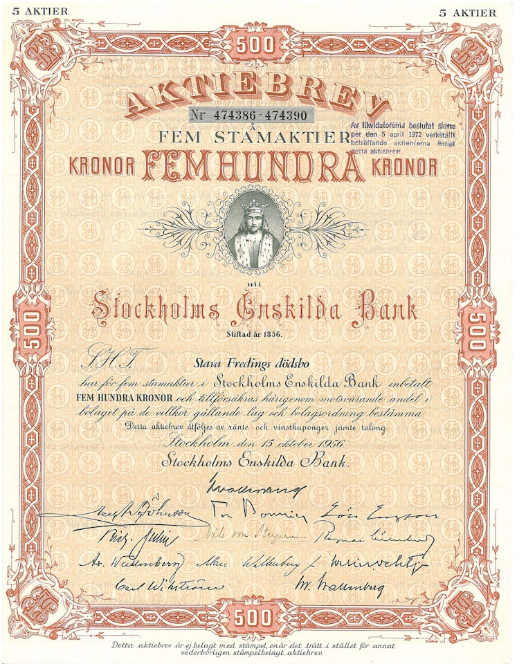 Stockholms Enskilda Bank, 500 kr, 1956