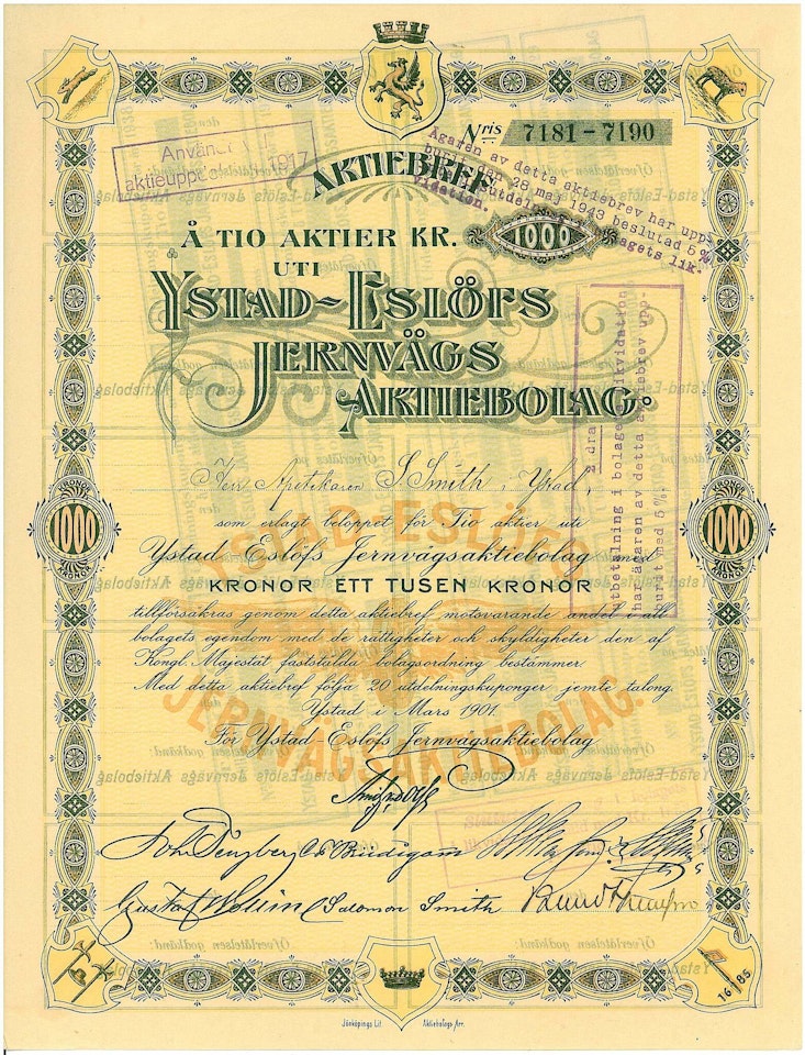 Ystad-Eslöfs Jernvägs AB, 1 000 kr, 1901