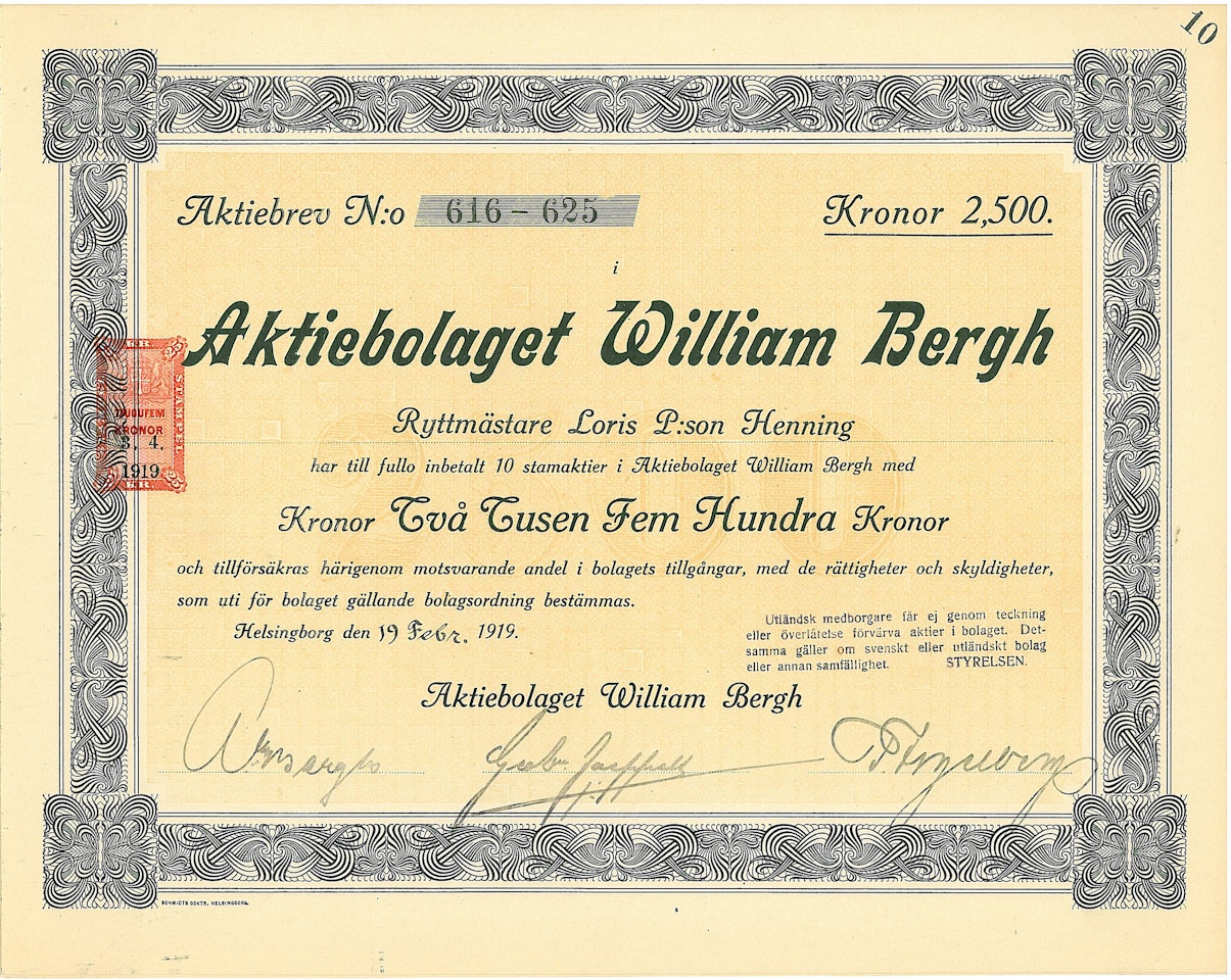 William Bergh, AB, 2 500 kr