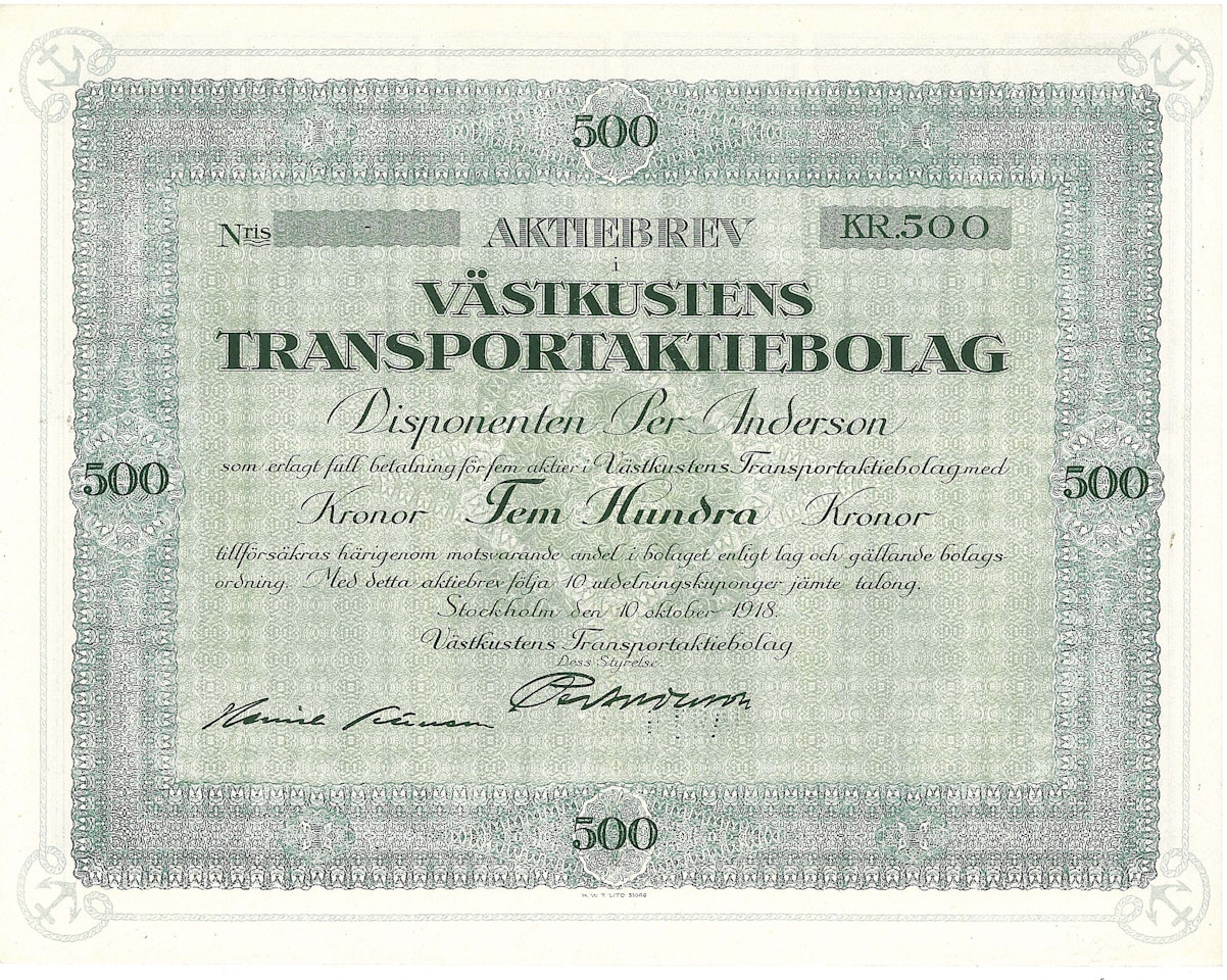Västkustens Transport AB, 500  kr