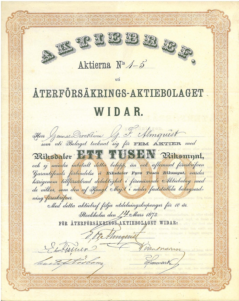 Återförsäkrings AB Widar, 1 000 Rdr