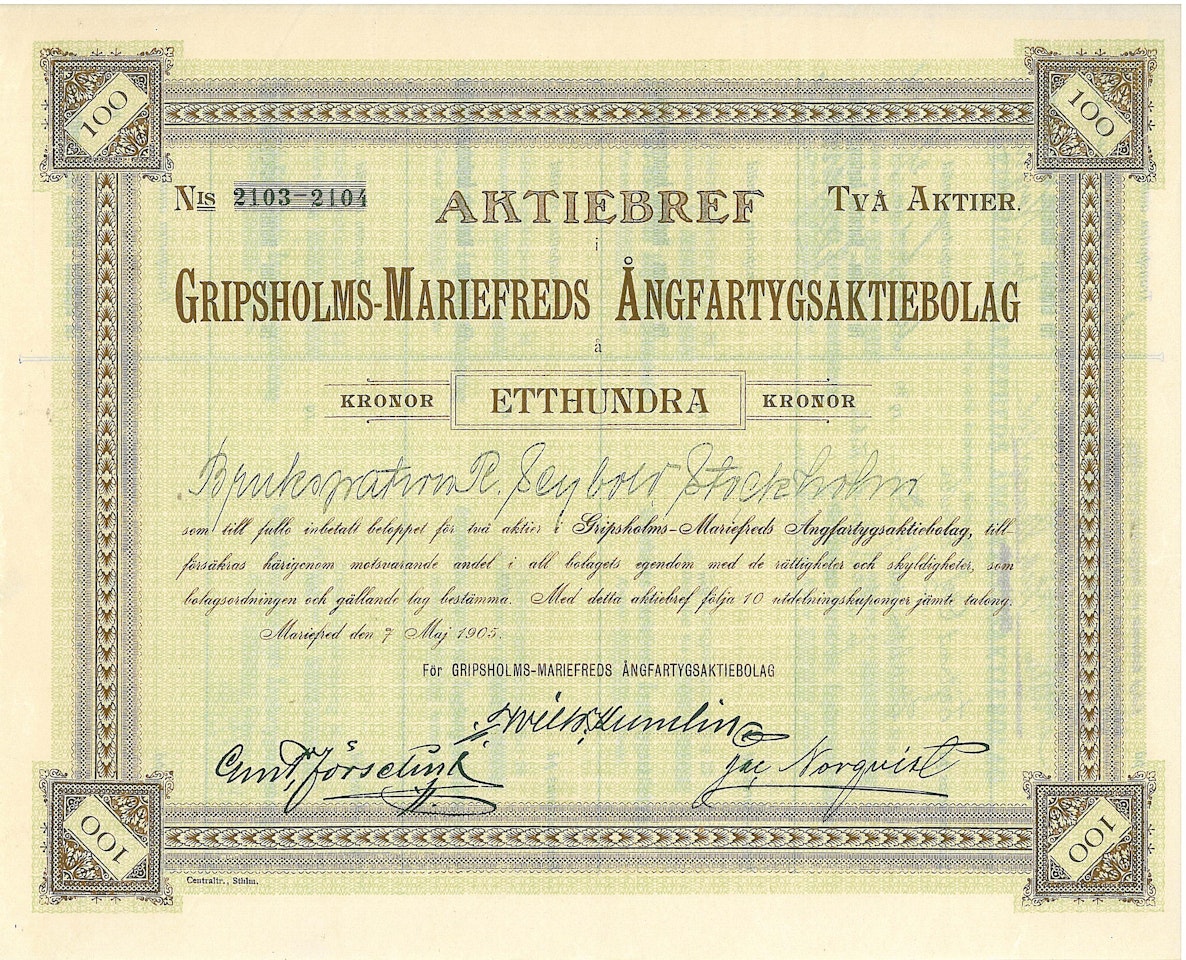 Gripsholms-Mariefreds Ångfartygs AB, 100 kr, 1905