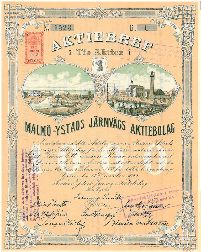 Malmö-Ystads Järnvägs AB, 1000 kr, 1922