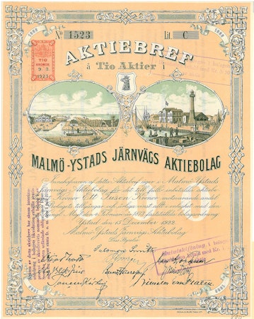 Malmö-Ystads Järnvägs AB, 1000 kr, 1922