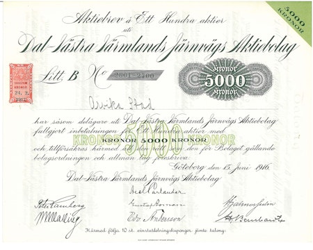 Dal-Västra Värmlands Järnvägs AB, 5 000 kr, 1916
