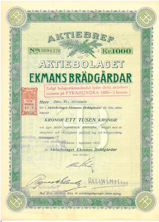 Ekmans Brädgårdar, AB, 1000 kr