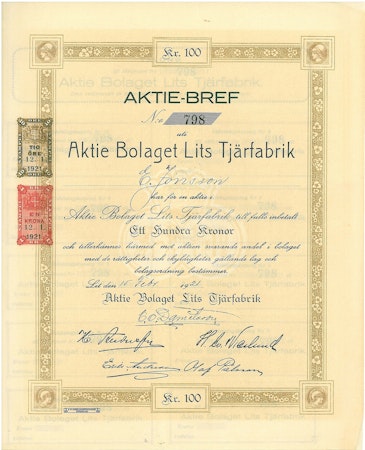 Aktie Bolaget Lits Tjärfabrik
