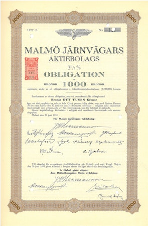 Malmö Järnvägars AB 3 1/2% Obligation.