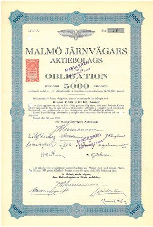 Malmö Järnvägars AB 3 1/2% Obligation.