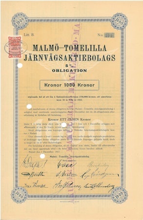 Malmö-Tomelilla Järnvägs AB obligation
