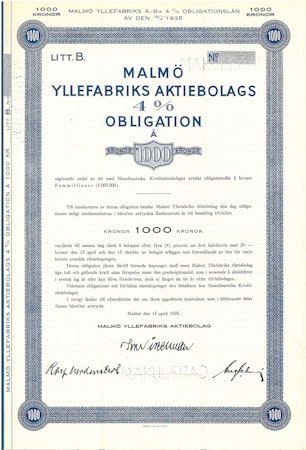 Malmö-Yllefabriks AB, Obligation