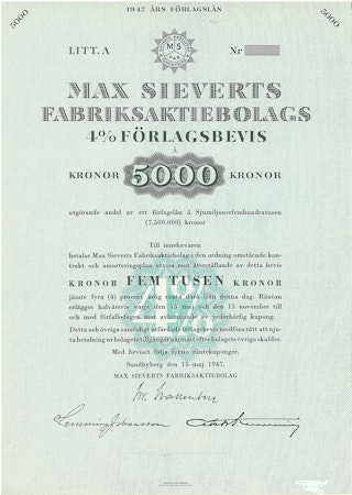 Max Sieverts Fabriks AB, Förlagsbevis