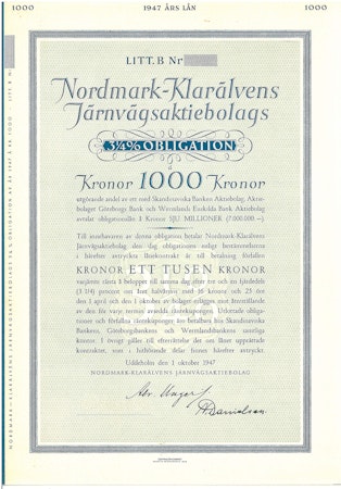 Normark-Klarälvens Järnvägs AB Obligation