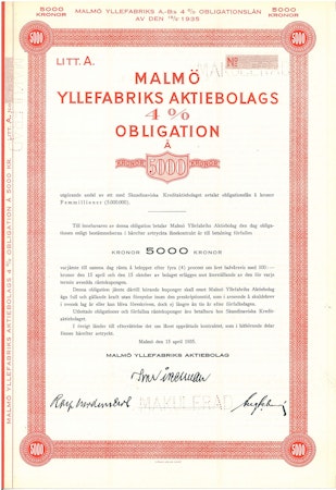 Malmö-Yllefabriks AB, Obligation