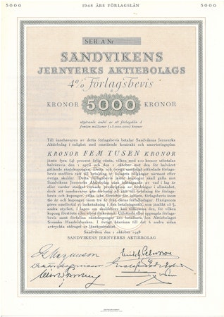 Sandvikens Jernverks AB, Förlagsbevis