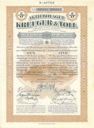 Kreuger & Toll, AB, 500 kr 1929