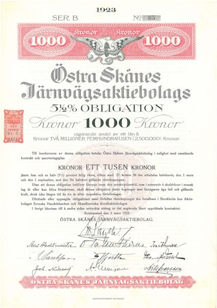 Östra Skånes Järnvägs AB, Obligation, 1923