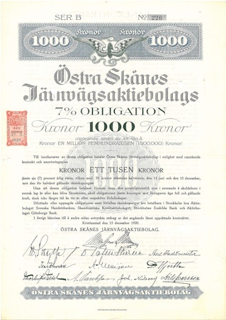 Östra Skånes Järnvägs AB, Obligation, 1920