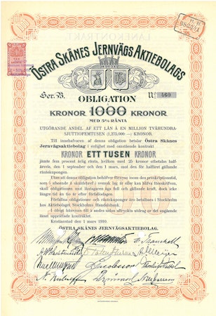 Östra Skånes Järnvägs AB, Obligation, 1910