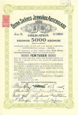 Östra Skånes Järnvägs AB, Obligation, 1910