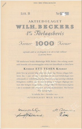 Wilh. Beckers, AB, Förlagsbevis