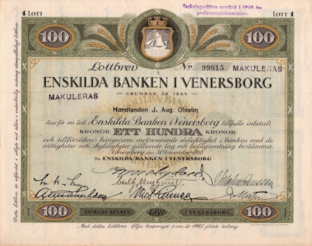 Enskilda Banken i Venersborg, 100 kr