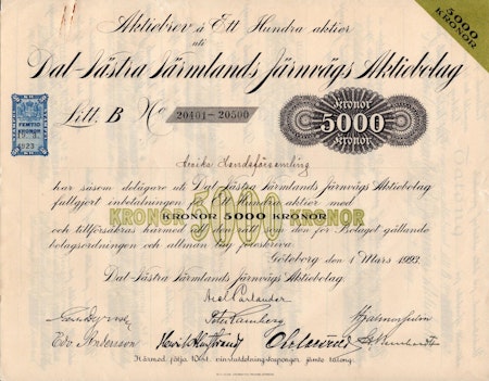 Dal-Västra Värmlands Järnvägs AB, 500 kr, 1923