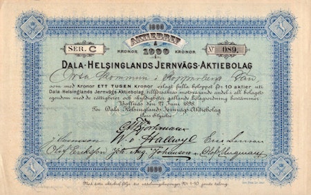 Dala-Helsinglands Jernvägs AB 1000 kr, 1898