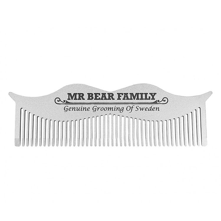 Mr Bear Family Moustache Steel Comb, en liten skäggkam som ryms perfekt i byxfickan.