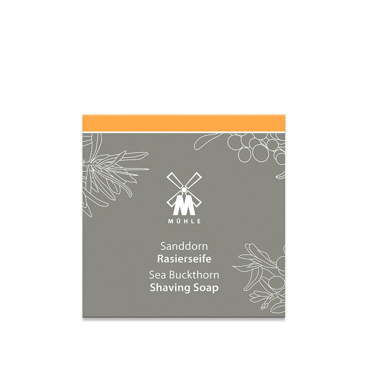Mühle Shaving Soap Sea Buckthorn, raktvål med havtorn rik på värdefulla C-vitaminer och antioxidanter som förbereder huden för en skonsam rakning.