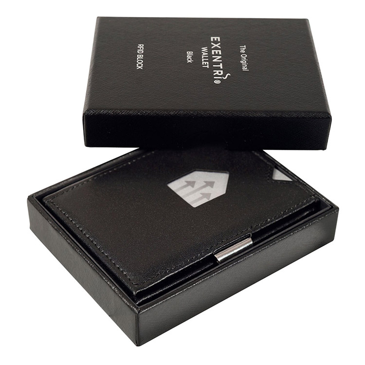 Exentri Wallet Black, smart plånbok designad för kort, sedlar och kvitton.