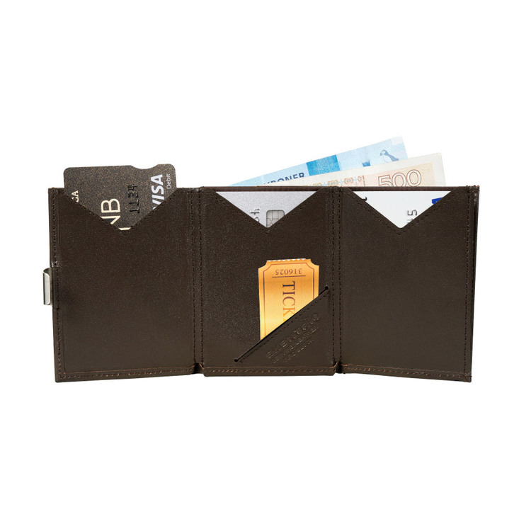 Exentri Wallet Brown, smart plånbok designad för kort, sedlar och kvitton.