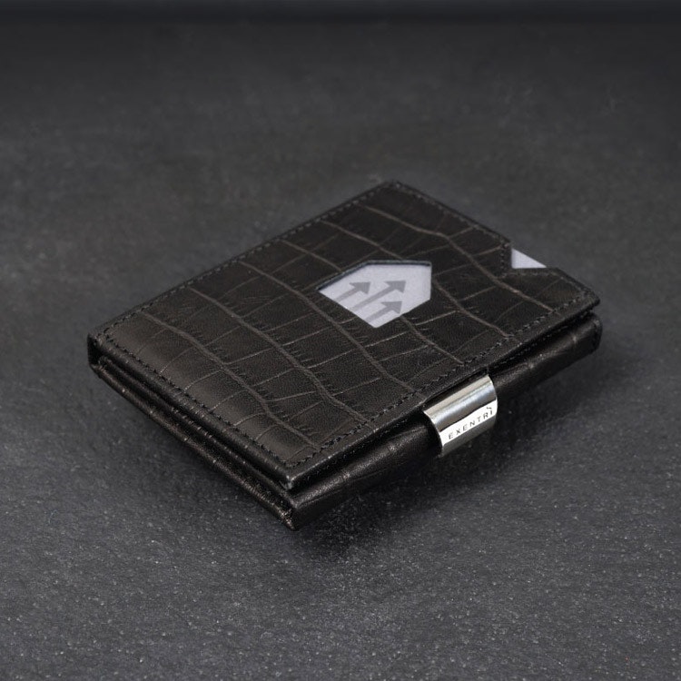 Exentri Wallet Caiman Black, smart plånbok designad för kort, sedlar och kvitton.