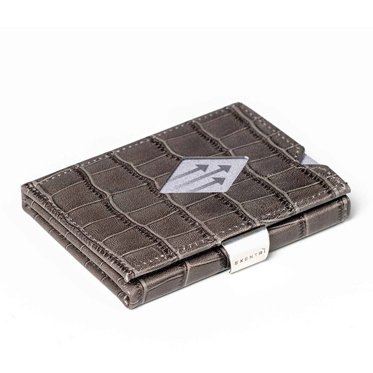 Exentri Wallet Caiman Grey, smart plånbok designad för kort, sedlar och kvitton.