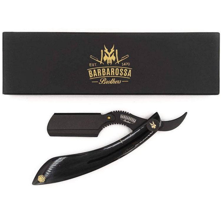 Barbarossa Brothers The Cutlass Buffalo Horn, en bästsäljande rakbladskniv  med handtag av buffelhorn.