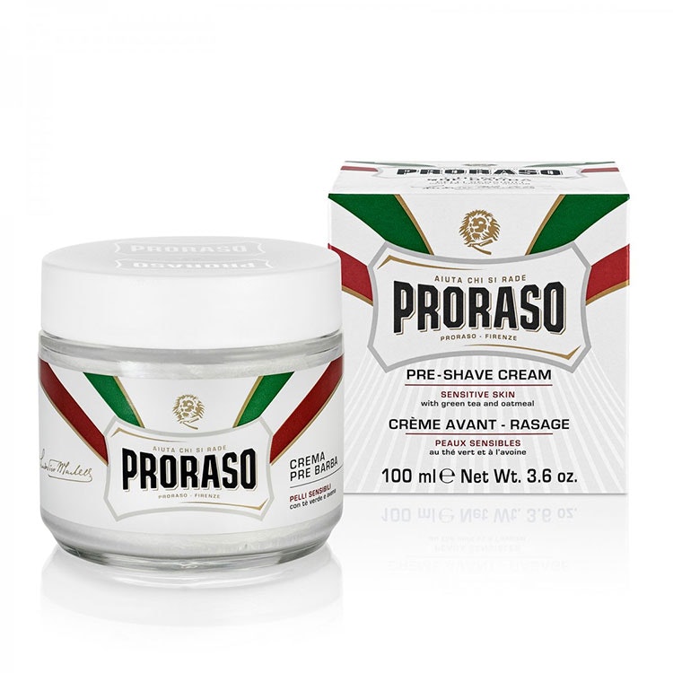 Proraso Pre-Shave Cream Sensitive Green Tea, Pre-shave kräm för känslig och lättirriterad hud som mjukar upp skägget och motverkar rakutslag.
