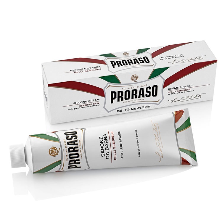 Proraso Shaving Cream Tube Sensitive Green Tea, Rakkräm på tub med lugnande grönt te, aloe vera och havremjöl för känslig hud.